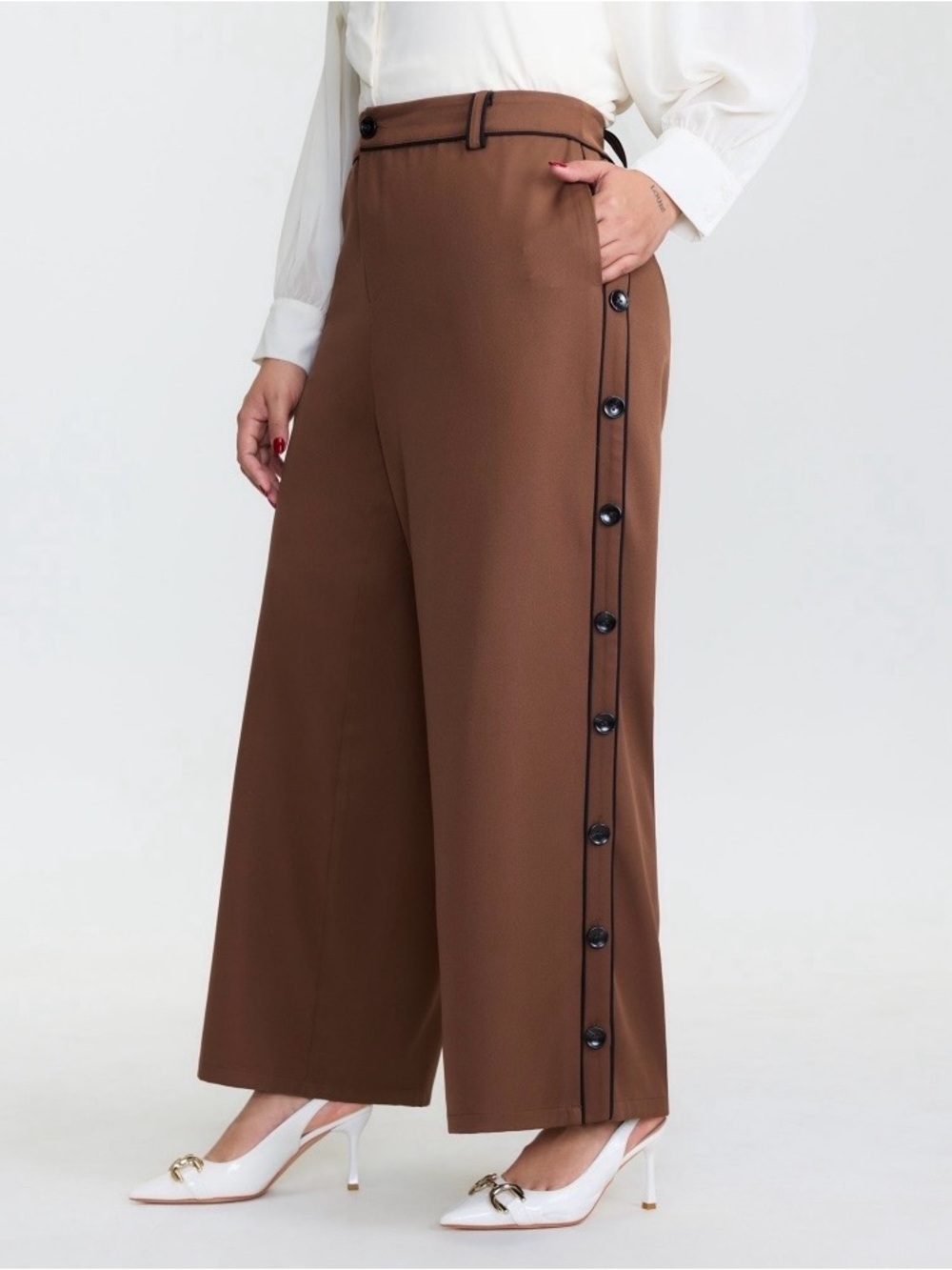 BloomChic High-Waist Wide Leg Pants with Side Button Trim in Brown